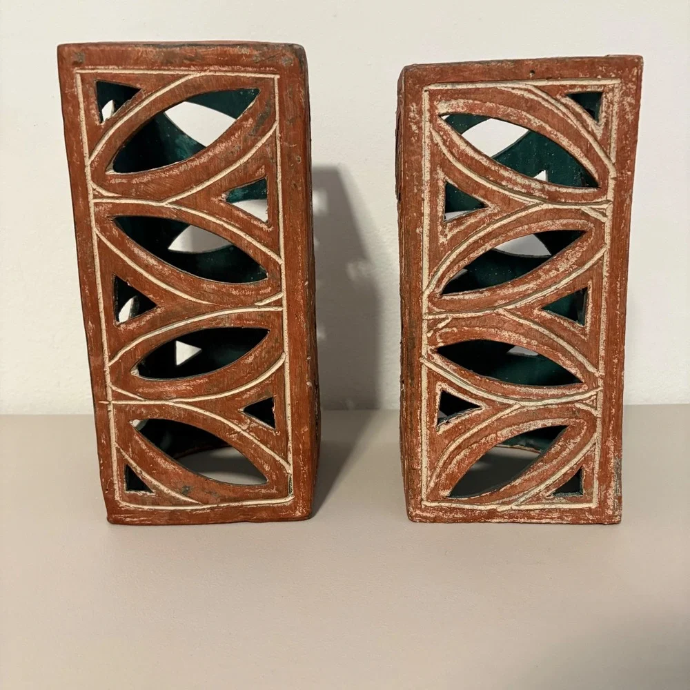 Terracotta Geometric‎ Lattice Candle Lanterns Pair Rustic Teal Interior 10.5in